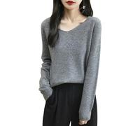 Chanyarn Women's 100% Merino Wool V Neck Jumper 2024 First-Line Ready to Wear Casual Long Sleeve Seamless Knit Jumper (Grey,XL)