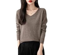 Chanyarn Women's 100% Merino Wool V Neck Jumper 2024 First-Line Ready to Wear Casual Long Sleeve Seamless Knit Jumper (Brown,M)