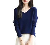 Chanyarn Women's 100% Merino Wool V Neck Jumper 2025 First-Line Ready to Wear Casual Long Sleeve Seamless Knit Jumper (Navy Blue,S)