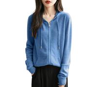 Chanyarn Women's 100% Merino Wool Zip Up Hoodies 2024 Fall Winter Warm Long Sleeve Knit Sweatshirt Cardigan with Pocket, Star Blue, Small