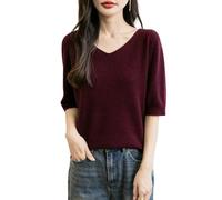 Chanyarn Women's V-Neck 100% Merino Wool Spring Fall Winter First-Line Ready to Wear Seamless Soft Warm Knit Shirt Pullover Short Sleeve Jumper (Dark Red,XL)