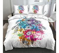Chanyuan Dream Catcher Colourful Duvet Cover 135 x 200 cm 2-Piece White Bed Linen Set Hypoallergenic Soft Microfibre Exotic Style Feathers and Flowers Pattern with Pillowcase 80 x 80 cm