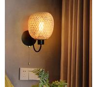 Chao Zan Hand Woven Bamboo Wall Sconces for Kitchen Island, Natural Rattan Wall Lamp Bedside Wicker Shade Wall Lantern Vintage Style Fixture for Loft Corridor Bedroom Restaurant Living Room Decor (A)