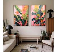 CHAOJIART 2pcs Boho Vibrant Pink Palm Fig Tree Tropical Abstract Canvas Print Poster Modern Botanical Leaf Art Print Home Decor Poster(30x50cmx2/Frameless)