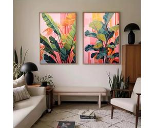 CHAOJIART 2pcs Boho Vibrant Pink Palm Fig Tree Tropical Abstract Canvas Print Poster Modern Botanical Leaf Art Print Home Decor Poster(30x50cmx2/Frameless)