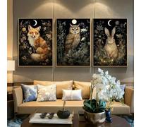 CHAOJIART 3pcs Abstract Dark Jungle Animal Canvas Wall Art - Vibrant Moon Phase Woodland Painting with Animals & Botanical Prints 50x70cmx3 Frameless