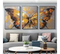 CHAOJIART 3pcs Large Canvas Poster, Vibrant Abstract Golden Butterfly Painting Artwork, Butterfly Canvas Poster, Home Wall Decor 50x70cmx3 Frameless