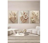 CHAOJIART 3pcs Large Minimalist European Style Wall Art, Beige Flowers Canvas Painting Wall Decor, Modern Artwork Aesthetic Home Decor(30x50x3 cm/Frameless)