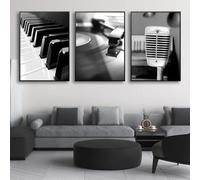 CHAOJIART Abstract Art Music Canvas Print Poster White and Black Piano Microphone Wall Picture Painting for Bedroom Decor 30x50cmx3 InternalFrame