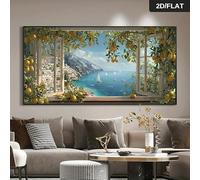 CHAOJIART Extra Large Modern Abstract Mediterranean Lemon Tree Window Canvas Painting for Living Room, Bedroom - Coastal Home Decor(55x110cm/Canvas wrapped)