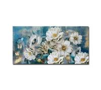 CHAOJIART Flowers Canvas Wall Art White Elegant Picture Gold Foil Rustic Painting Colorful Turquoise Floral Teal Artwork Room Decor 70x140cm Frameless
