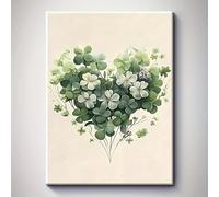 CHAOJIART Four Leaf Clover Wall Art Decor Canvas Print with Green Foliage White Flowers Vintage Style Heart Shaped Clover For Decor(60x80x3 cm/Canvas wrap)