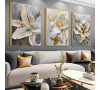 CHAOJIART Gold and White Flower Canvas Posters Painting Abstract Lily Flowers Wall Art Print for Bedroom Living Rome Decor 60X90cmx3 InternalFrame