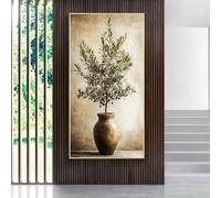 CHAOJIART Large Canvas Wall Art - Vintage Olive Tree in Rustic Vase Green Foliage Painting for Living Room Decor, Abstract Retro Art 55x110cm InnerFrame