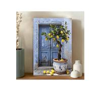 CHAOJIART Mediterranean Lemon Tree Canvas Wall Art Rustic Blue Door Lemon Print Italian Art Aesthetic Picture Blue Yellow Kitchen Decor(80x120cm/Canvas wrapped)