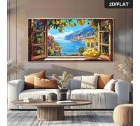 CHAOJIART Modern Abstract Coastal Lemon Orchard & Mediterranean Sea Canvas Painting - Open Window View with Lemons, for Kitchen Decor(55x110cm/Frameless)