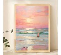 CHAOJIART Pink Sunset Poster Print, Beach Waves, Sailboat, Bedroom Wall Decor, Abstract Style Watercolor Landscape Art, Home Wall Decor(70x100cm/Frameless)