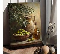 CHAOJIART Rustic Still Life Canvas Wall Art Featuring Fresh Green Olives Tree Branches, Vintage Ceramic Pitcher, Oil Bottle for decor(50x70/Canvas wrapped)