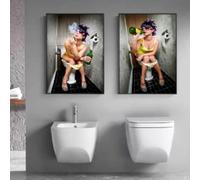 CHAOJIART Sexy Woman Sitting on The Toilet Smoking Canvas Posters Modern Bathroom Toilet WC Wall Decoration Paintings Home Decor 30x50cm(12x20in) x2 Frameless
