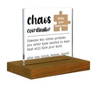 Chaos Coordinator Acrylic Desk Sign with Puzzle Piece, Personalized Funny Gift for Boss Coworker Teacher, Office Desk Humor Decor, Appreciation Keepsake for Women Men with Vintage Brown Wooden Base