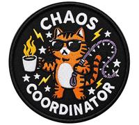 Chaos Coordinator Hook and Loop Patch 3 Inch Funny Cat Embroidered Patch with Coffee Tactical Military Sew On Patch Morale Patch for Backpacks Bags Hats Vest Dog Harness