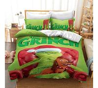 CHAOSE-UKB Bedding Set, Design: The Grinch, 3 Pieces Dimensions: Single and Double, 2 Pillowcase 45 X 75 Cm, 100% Cotton (Grinch 04,Single(135x200cm))