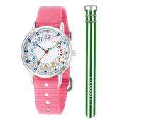 CHAOTECHY Kids Analog Quartz Wrist Watch Girls Boys Learning Watch 2pcs Change Interchangeable Textile Strap,Learning Read Time(Pink+Green)