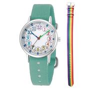 CHAOTECHY Kids Analog Quartz Wrist Watch Girls Boys Learning Watch 2pcs Change Interchangeable Textile Strap,Learning Read Time (Rainbow+Green)