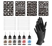 CHAOTEMAI Henna Tattoo Set 6 Bottles Colour Waterproof + 1 Pair of Nitrile Gloves + 71 Henna Stencils + 20 Cotton Buds Temporary Kit DIY Body Art for Halloween Birthday Parties Cosplay