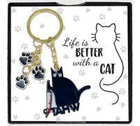 Chaotic Black Cat Keychain with Knife - Hilarious Charm Featuring Bloody Blade and Paw Print, Quirky Dark Humor Gift for Cats Lovers, Cute Keyring with Life Is Better with a Cat Message Gift Box