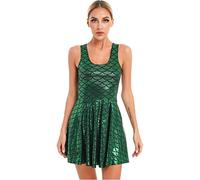 CHAOYI Women's Metallic Glitter Fish Scale Print Dress Sleeveless U Neck Ruffle Dress For Nightclub Rave Party Music Festival-Green,L