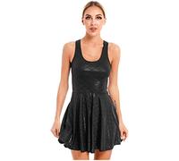 CHAOYI Women's Metallic Glitter Fish Scale Print Dress Sleeveless U Neck Ruffle Dress For Nightclub Rave Party Music Festival-Black,3XL