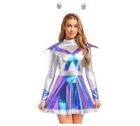 Chaoyinn 2 Pcs Alien Costume, Shiny Colorblock Bodysuit with Headband, Silver Costume Alien Halloween for Lady Blue M
