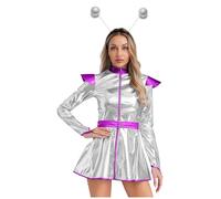 Chaoyinn 2 Pcs Alien Costume, Shiny Colorblock Bodysuit with Headband, Silver Costume Alien Halloween for Lady Silver XXL