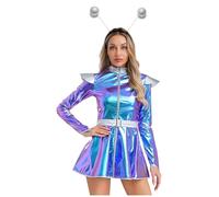 Chaoyinn 2 Pcs Alien Costume, Shiny Colorblock Bodysuit with Headband, Silver Costume Alien Halloween for Lady Blue 4XL
