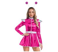 Chaoyinn 2 Pcs Alien Costume, Shiny Colorblock Bodysuit with Headband, Silver Costume Alien Halloween for Lady Hot Pink 3XL
