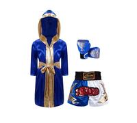 Chaoyinn Boys Girls Boxing Costume 2 Piece Boxing Robe And Muay Thai Shorts Set for Halloween Carnival Cosplay Royal Blue 9-10 Years