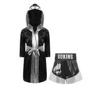 Chaoyinn Kids Boys Girls Boxing Costume 2 Pcs Boxing Robe And Mma Shorts Set Boxer Uniform Kickboxer Outfit Black&Silver 5-6 Years