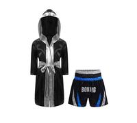 Chaoyinn Kids Boys Girls Boxing Costume Halloween Boxe Cosplay Outfits 2 Piece Boxing Robe And Muay Thai Shorts Set Blue&Silver 9-10 Years