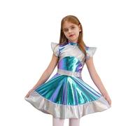 Chaoyinn Kids Girls Alien Costume Halloween Space Robot Cosplay Outfit Flying Sleeve Metallic Dress Silver 9-10 Years