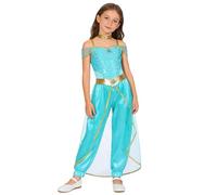 Chaoyinn Kids Girls One Piece Arabian Princess Costume Shiny Sequins Gem Patchwork Long Jumpsuit Bodysuit with Choker Light Blue 7-8 Years