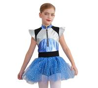 Chaoyinn Kids Girls Shiny Alien Costume Flying Sleeve Astronaut Leotard Dress Halloween Cosplay Fancy Dress Blue 9-10 Years