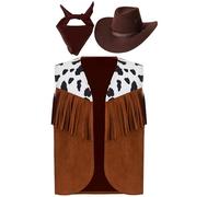 Chaoyinn Kids Halloween Western Cowboy Cosplay 3 Pcs Fringed Cowboy Vest With Bandana And Hat Set Cowgirls Fancy Dress Brown 13-14 Years