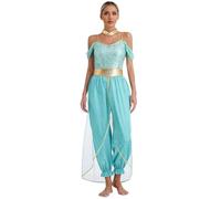 Chaoyinn Women Arab Princess Costume Belly Dance Leotards Halloween Sequins Mesh Overlays Cover Jumpsuit Turquoise 4XL