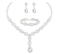 chaoyite Women Jewelry Set Bridal Necklace Link Bracelet Dangle Earrings Set Bride Bridesmaid Wedding Party Prom Accessories, Metal, Rhinestone Crystal