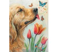 Chaozhirui DIY Cross Stitch Embroidery Kit Golden Retriever Animal Cross Stitch Kit Dog and Tulip Flowers 11CT Cotton Cross Stitch Kit 40x50cm
