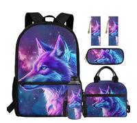 chaqlin 17 Inch School Bags Wolf Backpack with Insulated Lunch Cooler Bags and Pencil Case 5 Piece Set Kids Water Bottle Carrier Bookmark Rucksack School Bookbags for 4th Grade Student