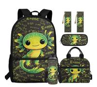 chaqlin Axolotl Backpack for Girls School Bags Set with Lunch Bags Pencil Case Water Bottle Carrier Leather Bookmark 5 Pcs Girls Back to School Bookbags Set for Primary Elementary