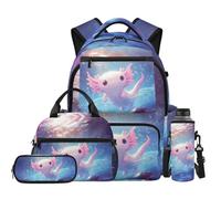 chaqlin Axolotl Rucksack for Kids Thermal Lunch Bag Study Pencil Case Back to School Backpack Water Bottle Carrier Bookbags 4 Piece Rucksack Set for Primary Elementary