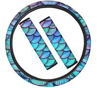 chaqlin Blue Mermaid Fish Scale Print Car Steering Wheel Covers +Seat Belt Covers 3 Pieces Full Set Soft Surface Steering Accessories Universal Fit Most Cars Vehicles